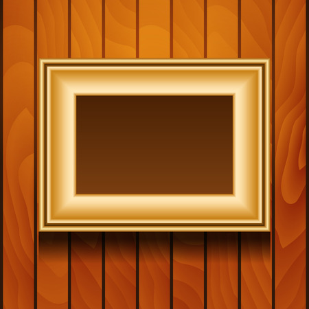 Vector gold picture frame on wooden wall.のイラスト素材