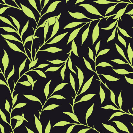 Vector black and green seamless leaves background.のイラスト素材