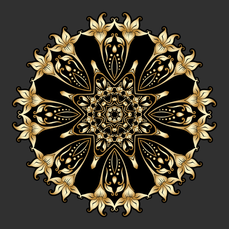 Vector gold floral round ornament on black background.のイラスト素材