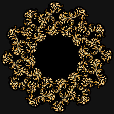 Vector gold floral round ornament for print, embroidery on black background.のイラスト素材
