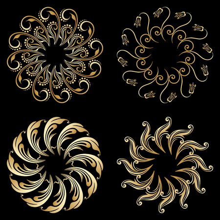 Vector gold floral round ornaments for print, embroidery on black background.のイラスト素材