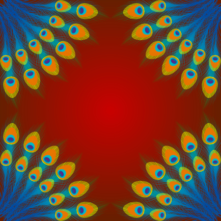 Vector peacock feathers on red background with space for text.のイラスト素材