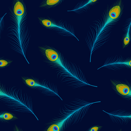 Vector seamless background with peacock feathers on blue.のイラスト素材