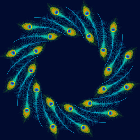Vector peacock feathers on blue background with space for text.のイラスト素材