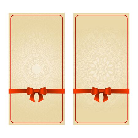 Vector set of floral decorative background with bow ribbon, template frame design for card, brochure, book, business card, postcard, wedding invitation, banner.のイラスト素材