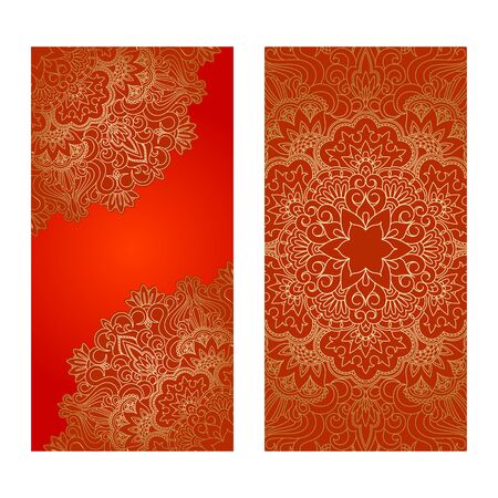 Vector set of red floral decorative background, template frame design for card, brochure, book, business card, postcard, wedding invitation, banner.のイラスト素材