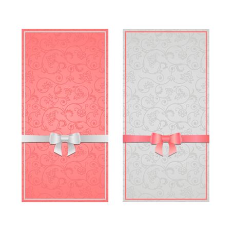 Vector set of floral decorative background with bow ribbon, template frame design for card, brochure, book, business card, postcard, wedding invitation, banner.のイラスト素材