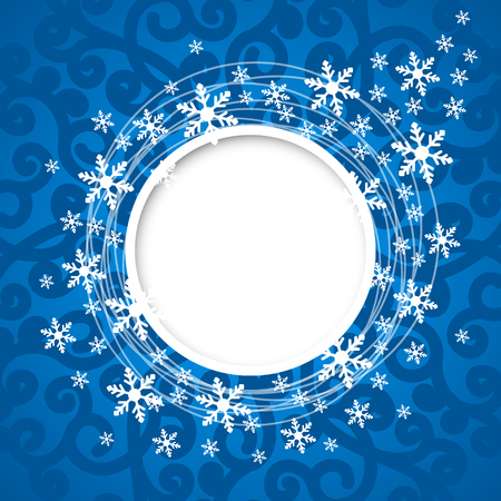 Vector christmas blue greeting card with round place for text and snowflakes.のイラスト素材