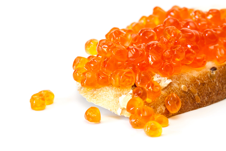 Red caviar on the grain bread isolated on a white background.の写真素材