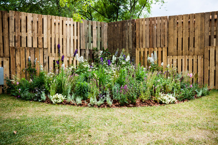 Flower bed before an old wooden fence.の写真素材