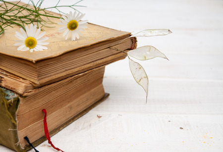 Vintage books with bouquet of flowers.の写真素材