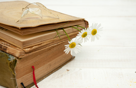 Vintage books with bouquet of flowers.の写真素材
