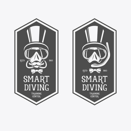 Diving vintage vector labels in line-art style.のイラスト素材