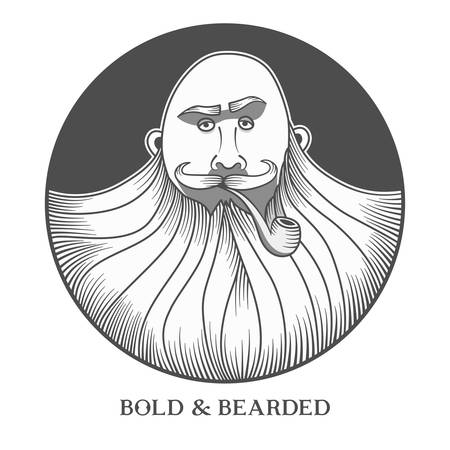 Hand drawn portrait of bold and bearded man with smoking pipe.のイラスト素材