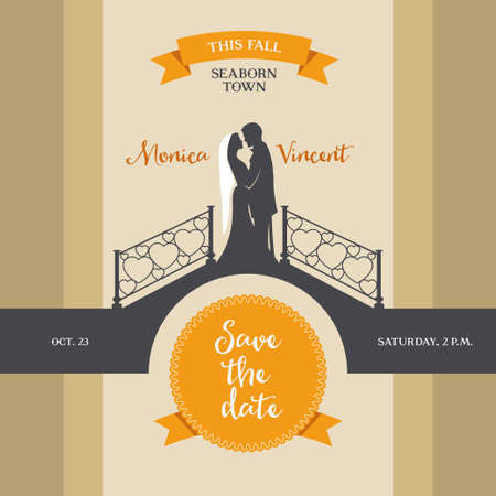 Vintage wedding invitation with a couple standing in venice on the bridge.のイラスト素材