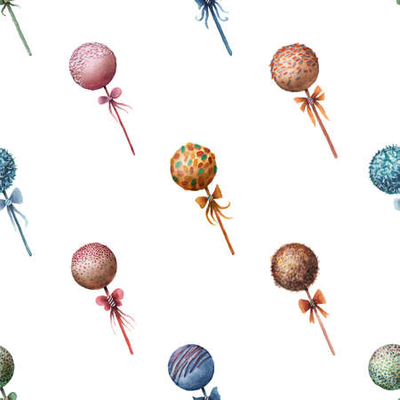 Cake pops seamless pattern. Watercolor dessert illustration.のイラスト素材