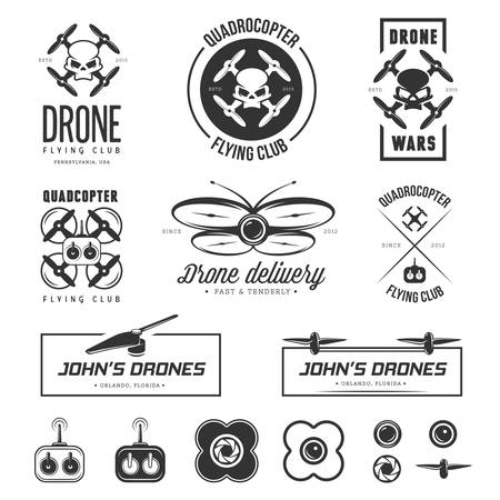 Vector set of drone flying club labels, badges and design elements.のイラスト素材