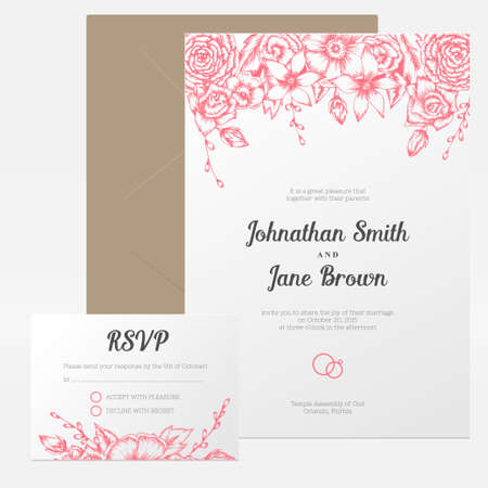 Vector vintage floral wedding invitation set. Hand drawn flower border. RSVP, thank you or guest card.のイラスト素材