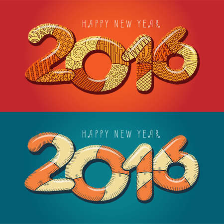 Happy new year 2016. Decorative vintage vector illustration. Hand drawn color greeting card.のイラスト素材