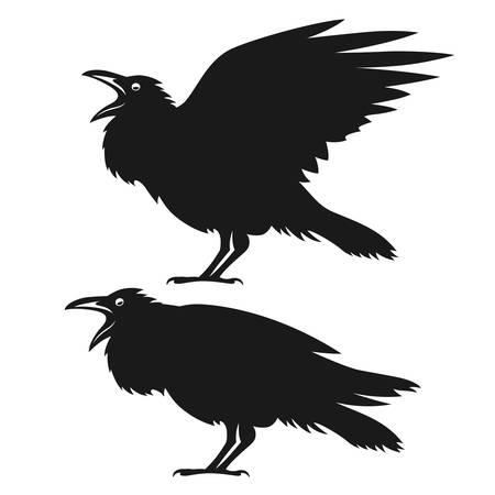 Black ravens set. Design element for t-shirt print, halloween card. Vintage style monochrome illustration.のイラスト素材
