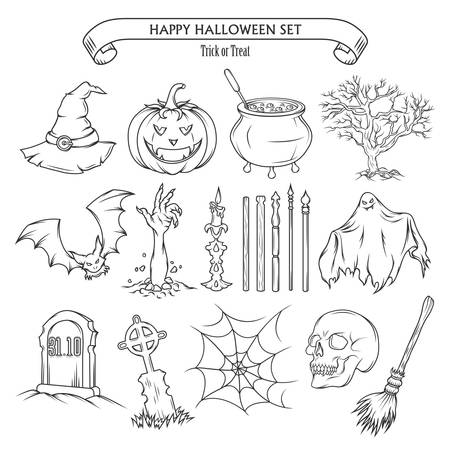 Halloween set of design elements. Vector toolkit for posters, invitations and decor. Monochrome vintage illustration.のイラスト素材