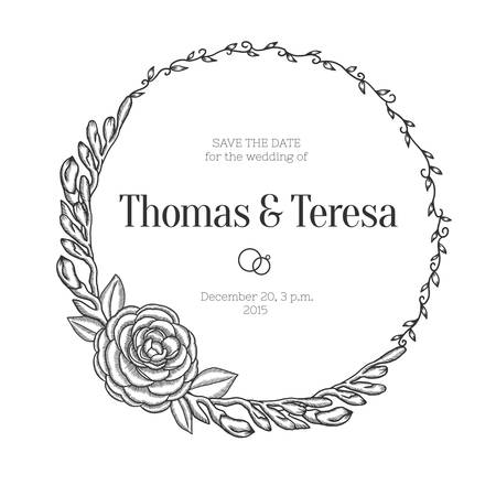 Hand drawn floral wedding invitation. Vintage round wreath. Vector illustration.のイラスト素材