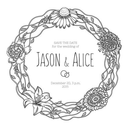 Hand drawn floral wedding invitation. Vintage round wreath. Vector illustration.のイラスト素材
