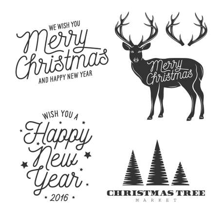christmas and new year related design elements set. Monochrome vector vintage illustration. Typographic greeting quotes. Deer and christmas tree dectorative silhouettes.のイラスト素材