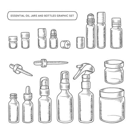 Essential oil jars and bottles hand drawn graphic set. Design elements for different decoration needs. Vector vintage illustration.のイラスト素材