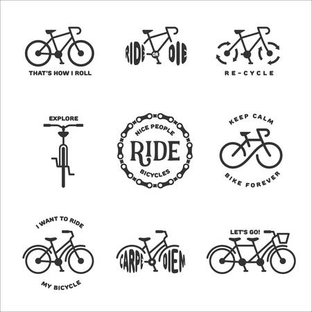 Bicycle related typography set. Motivational quotes about cycling. Minimalistic style design elements for posters, prints and decoration.のイラスト素材
