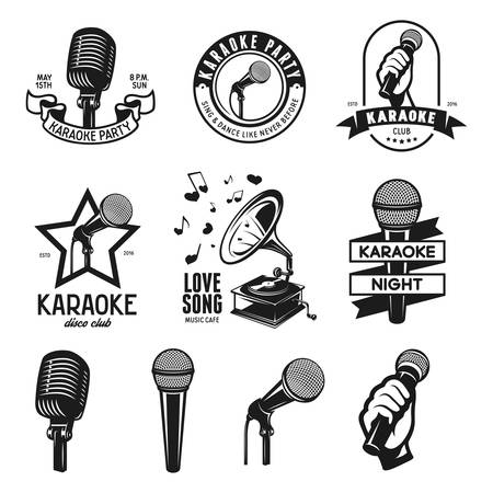 Set of karaoke related vintage labels, badges and design elements. Karaoke club emblems. Microphones isolated on white background.のイラスト素材