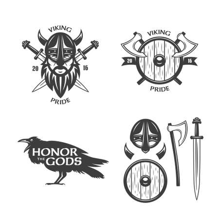 Viking related t-shirt graphics. Monochrome design elements for labels, badges, emblems, posters and prints. Viking pride slogan. Trendy viking signs set. Vector vintage illustration.のイラスト素材