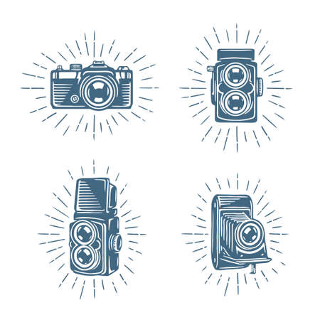 Retro photo cameras set. Design elements for photography related advertising, t-shirt prints, labels, badges, posters.のイラスト素材