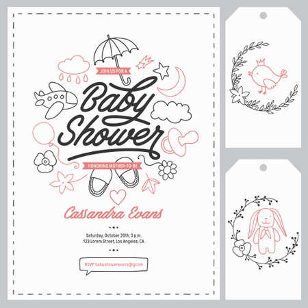 Baby shower invitation templates set. Floral design elements for decoration. Baby shower holiday greeting cards. Hand drawn vintage illustration.のイラスト素材