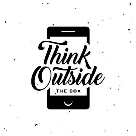 Think outside the box poster. Phone silhouette with motivational quote. Monochrome vintage vector illustration.のイラスト素材