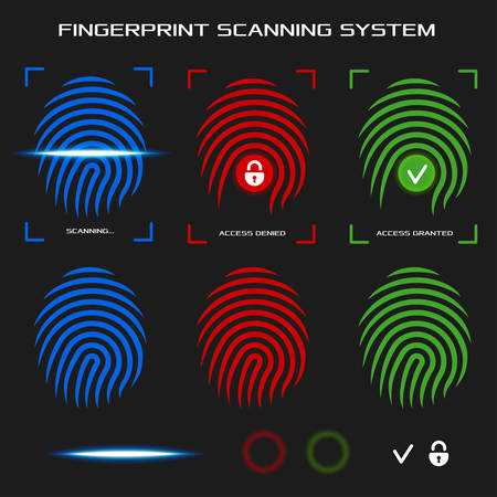 Finger-print scanning identification system. Biometric authorization and business security concept. Access denied and granted mode. Flat design elements for mobile applications. Vector illustration.のイラスト素材