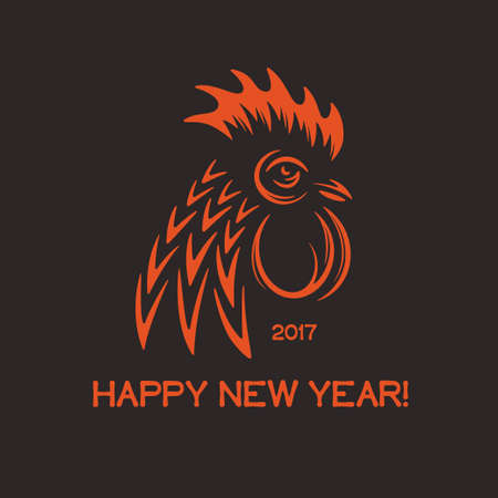 Happy new year greeting card with red rooster head and text. 2017. Minimalistic style cock emblem. Vector vintage illustration.のイラスト素材