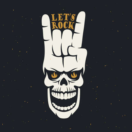 Lets rock music related poster with skull and hand gesture. Creative t-shirt design. Vector vintage illustration.のイラスト素材