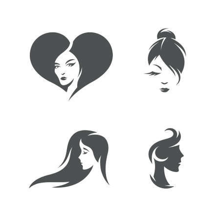 Women faces symbols set. Retro style design elements for beauty salon logo design, emblems, stickers, wall decor, prints and posters. Vector vintage illustration.のイラスト素材