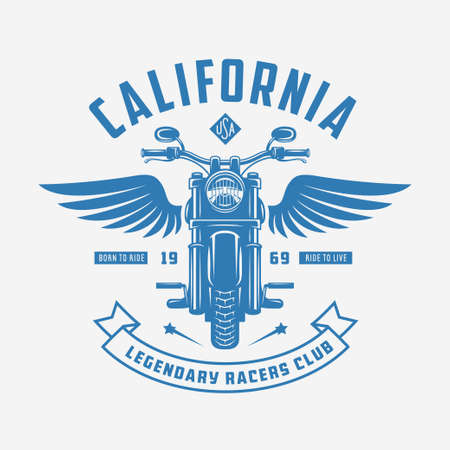 Vintage motorcycle t-shirt design. Bike with the wings. Born to ride. Ride to live. Racers club emblem. Vector vintage illustration.のイラスト素材