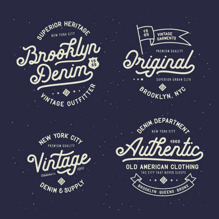 Denim typography t-shirt design set. Lettering elements for posters, prints. Hipster apparel design. Vector vintage illustration.のイラスト素材