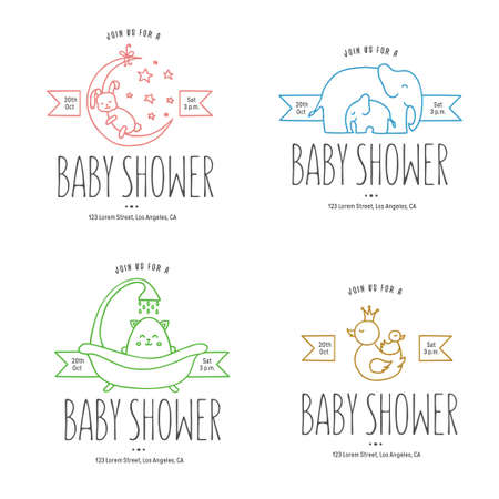 Baby shower hand drawn invitations set. Vector vintage illustration.のイラスト素材
