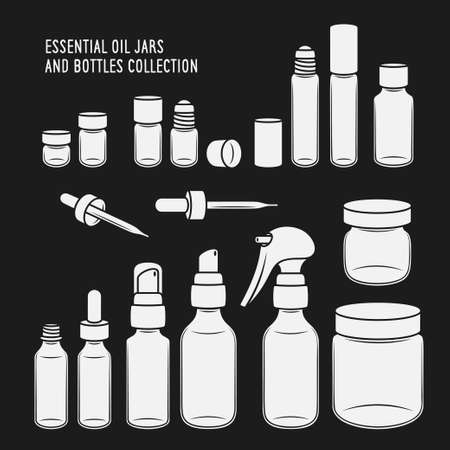 Essential oil jars and bottles design set. Vector vintage illustration.のイラスト素材
