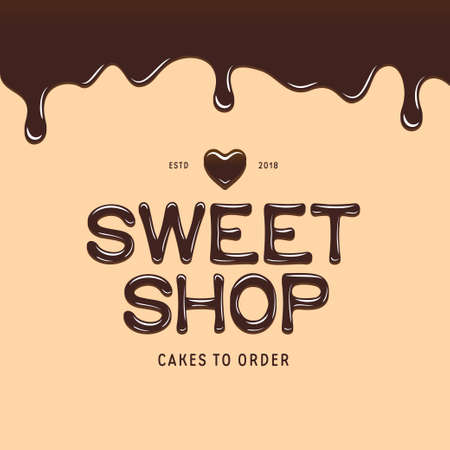 Sweet shop logotype template. Chocolate style text and heart. Bakery or cake store advertising emblem. Vector illustration.のイラスト素材