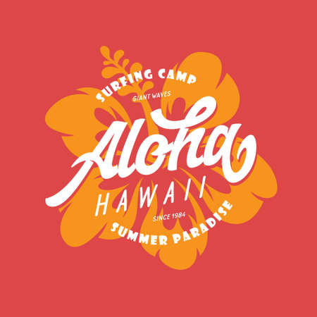 Aloha hawaii floral t-shirt print. Surf paradise typography. Surfing related apparel design. Vector vintage illustration.のイラスト素材