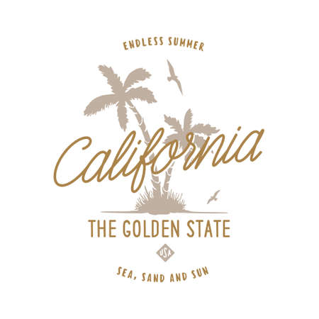 California golden state t-shirt design. Hand drawn palms with the seagulls. Usa related design elements for prints, posters. Vector vintage illustration.のイラスト素材