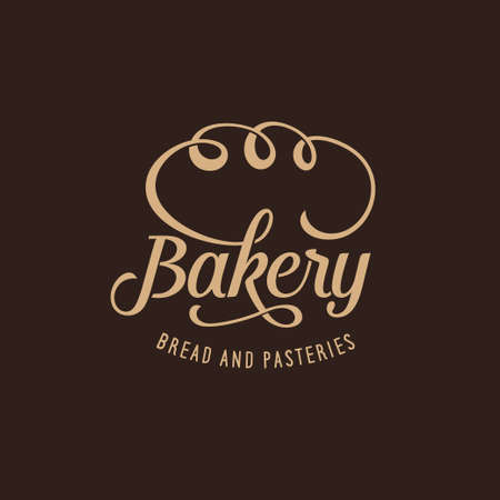 Bakery ornate logotype template calligraphy. Lettering design element emblem label badge for bake shop, bakehouse. Golden sign on a dark background for bakery advertising. Vector vintage illustration.のイラスト素材