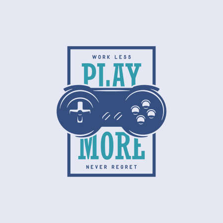 Videogames related t-shirt design print with motivational quote. Work less play more never regret. Gamepad, joystick vector vintage illustration.のイラスト素材