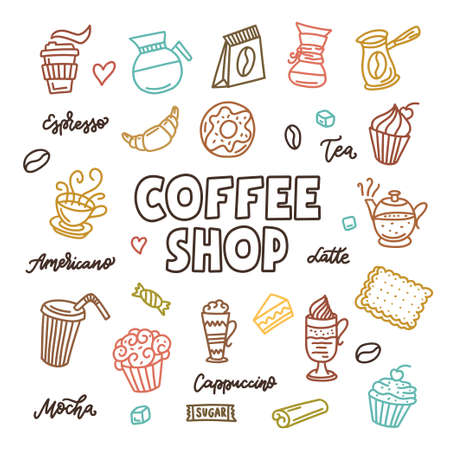Coffee shop doodle art elements set. Hand drawn coffee related outline design collection. Vector vintage illustration.のイラスト素材