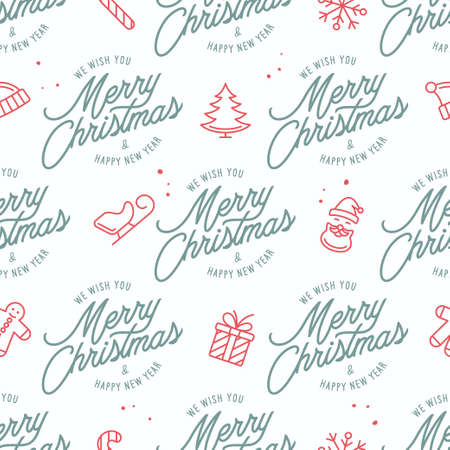 Merry Christmas and Happy New Year seamless pattern. Season greetings typography with hand drawn design elements for wrapping paper prints decoration needs. Vector vintage illustration.のイラスト素材